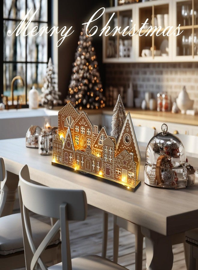 Rossesay Christmas Gingerbread House Tabletop Decorations with Light Wooden Christmas Village Centerpieces Gingerbread Xmas Decor for Table Farmhouse Rustic Xmas Decoration with Base - Image 4